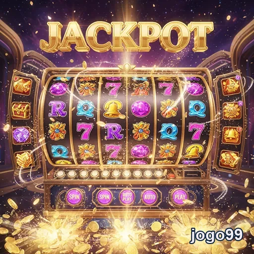 Slot machine 'Jackpot' do jogo99, com roletas coloridas e símbolos vibrantes.